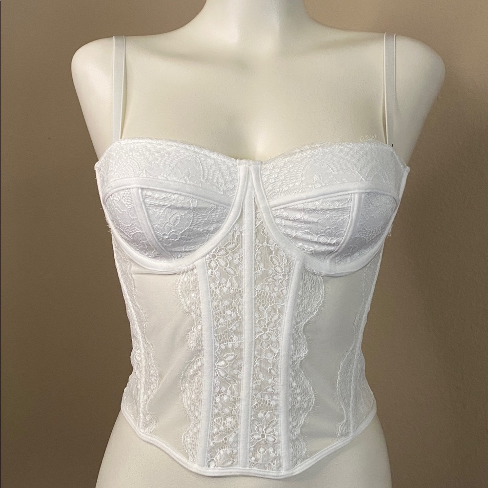Dealmore White Lace satin detail bustier corset Victorian y2k top S 🖤